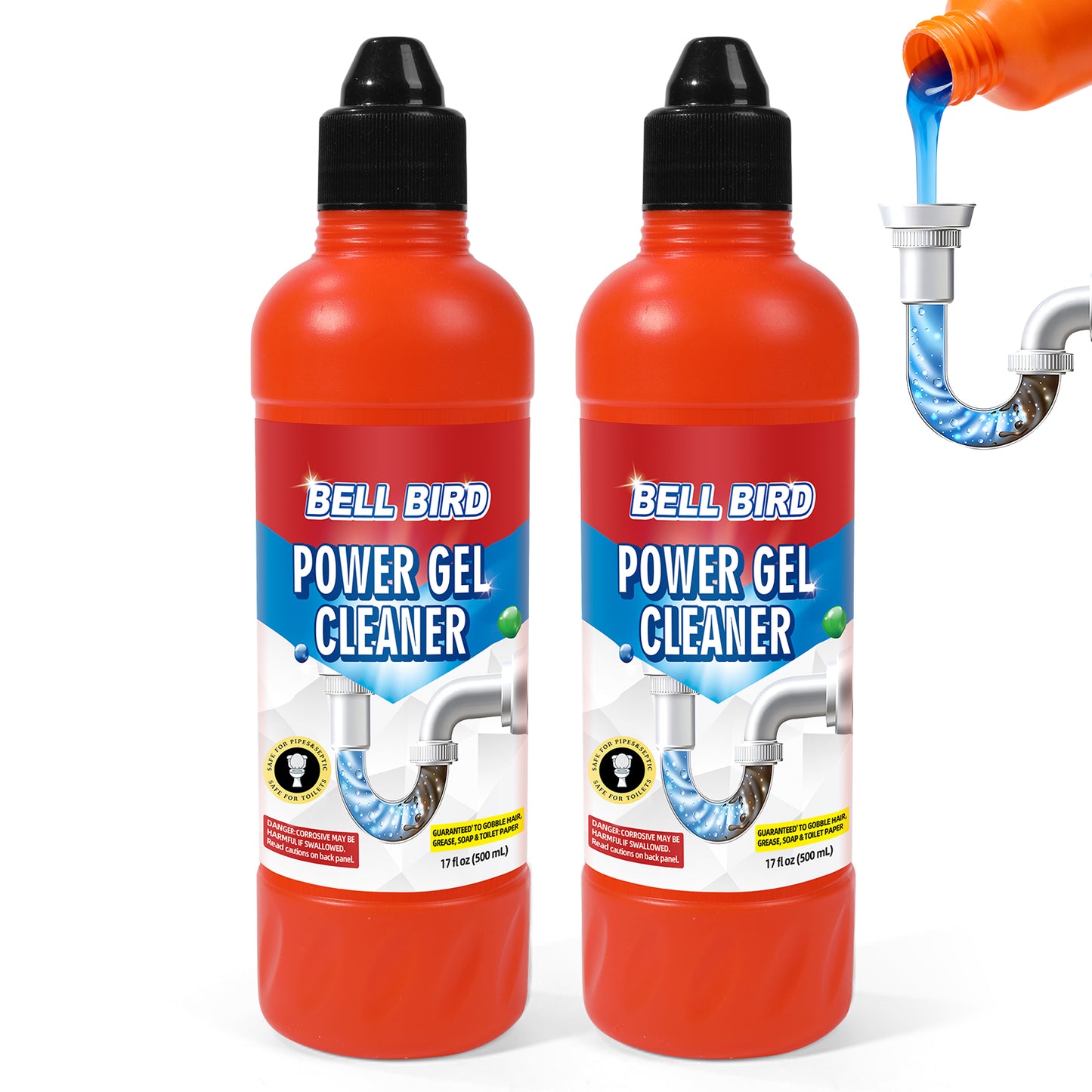 Bell Bird Power Gel Drain Cleaner | Cuts Through Standing Water to Dissolve Hair, Grease, Soap Scum & Toilet Paper | Safe for Septic Systems, Pipes & Garbage Disposals