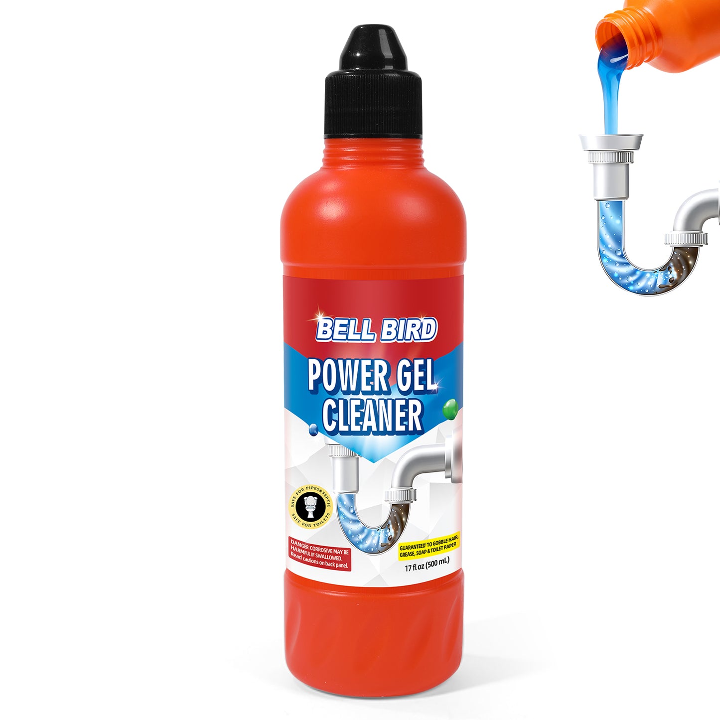 Bell Bird Power Gel Drain Cleaner | Cuts Through Standing Water to Dissolve Hair, Grease, Soap Scum & Toilet Paper | Safe for Septic Systems, Pipes & Garbage Disposals