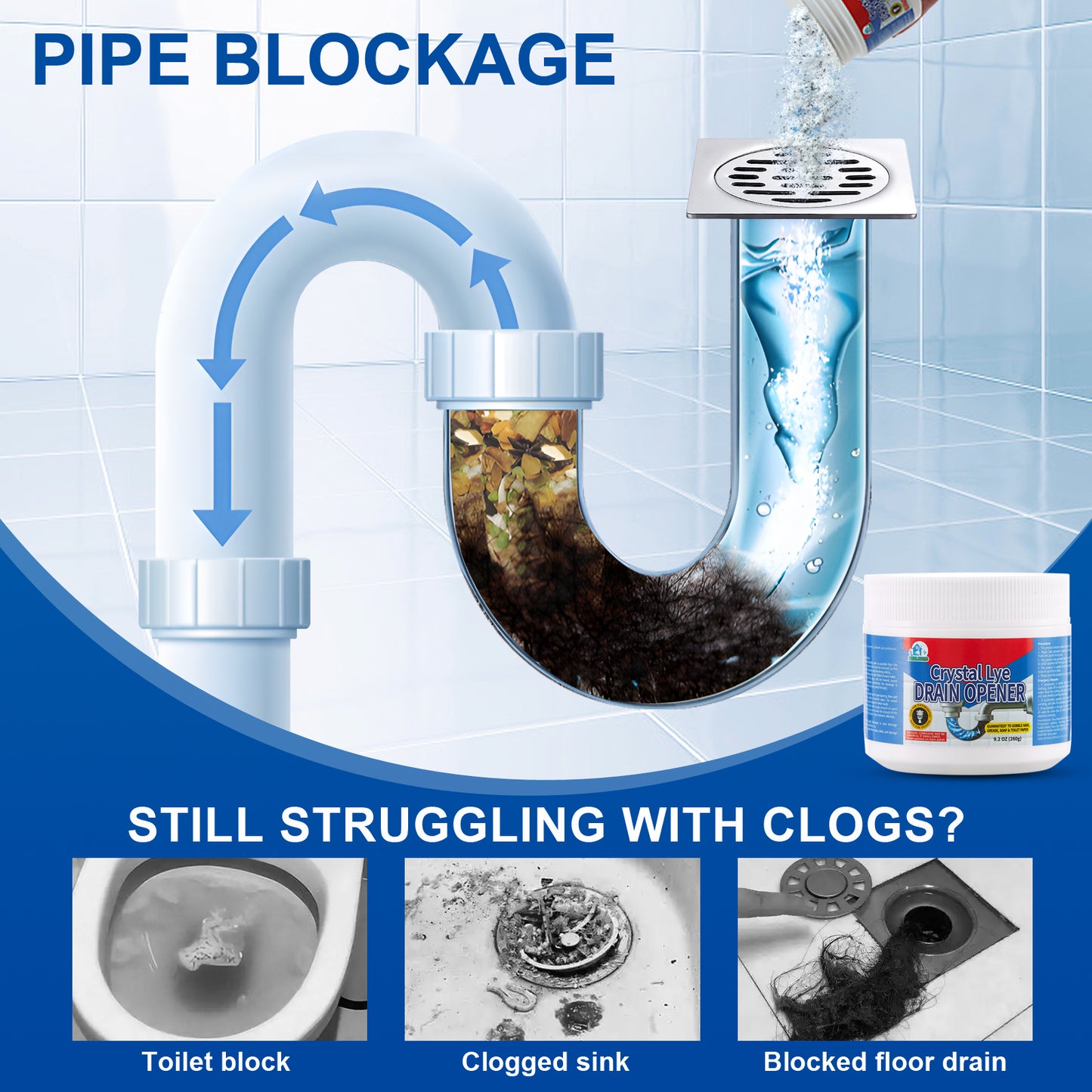 Bell Bird Crystal Lye Drain Opener, Pure Sodium Hydroxide Pellets, Powerful Clog Remover for Bathroom & Kitchen Sinks, Drains, and Shower Pipes