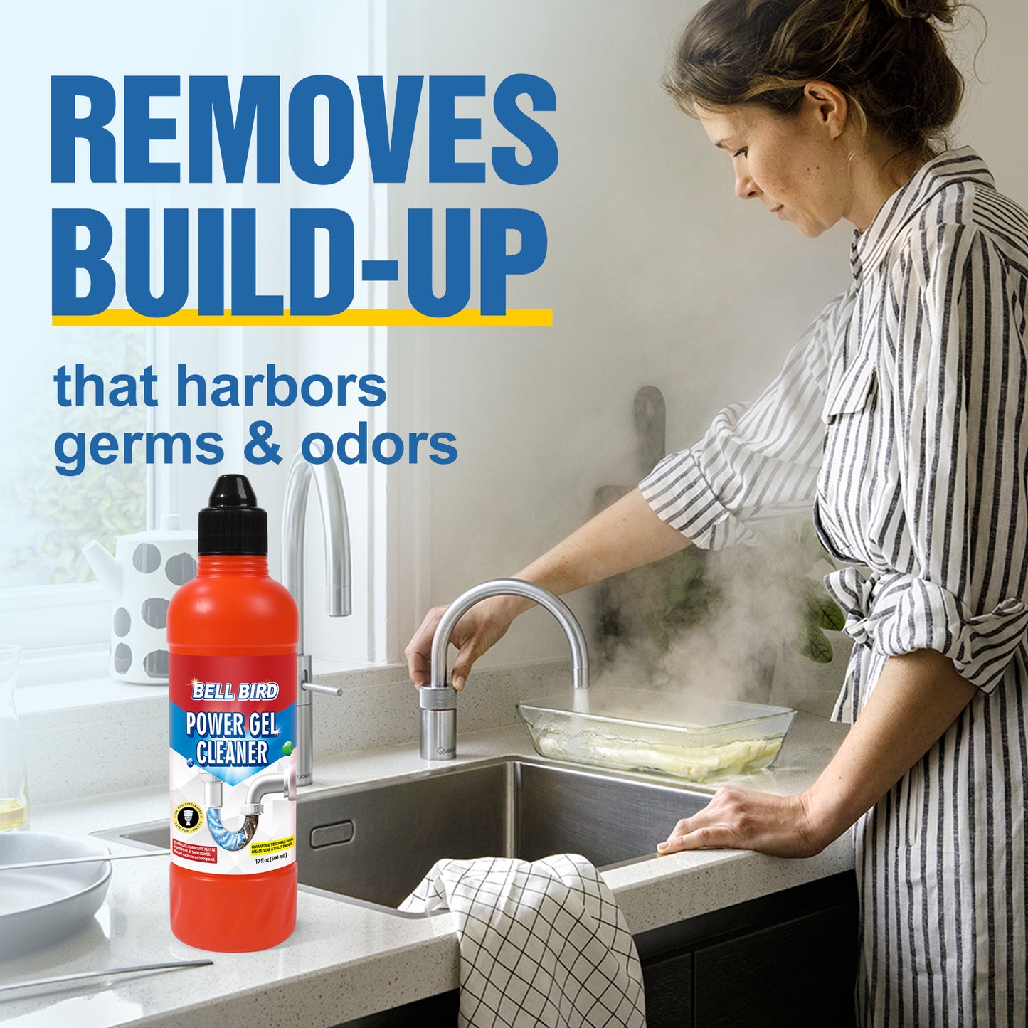 Bell Bird Power Gel Drain Cleaner | Cuts Through Standing Water to Dissolve Hair, Grease, Soap Scum & Toilet Paper | Safe for Septic Systems, Pipes & Garbage Disposals