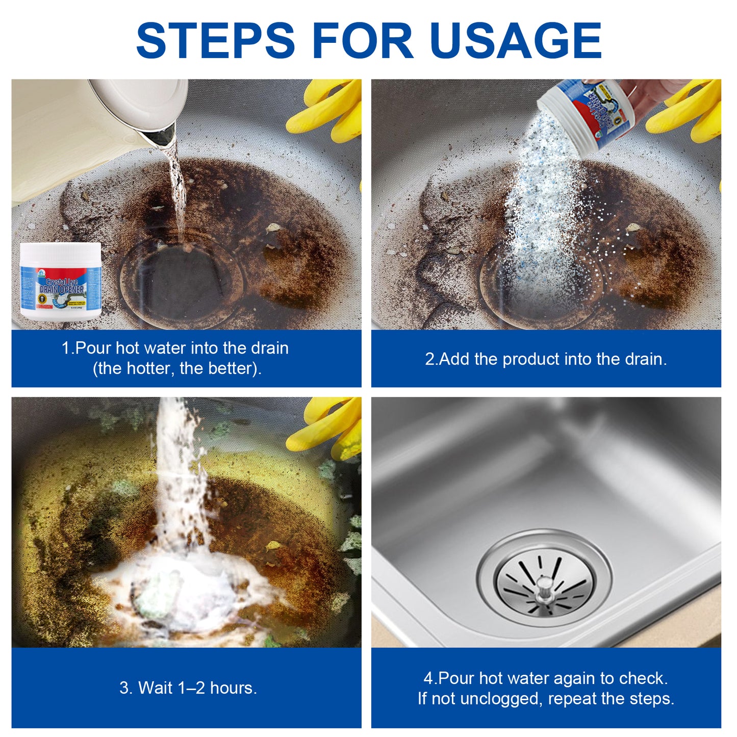 Bell Bird Crystal Lye Drain Opener, Pure Sodium Hydroxide Pellets, Powerful Clog Remover for Bathroom & Kitchen Sinks, Drains, and Shower Pipes